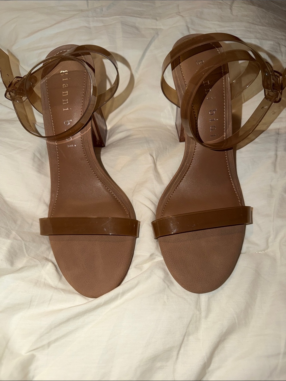 Gianni Bini Tan Brown Clear-Strap Block Heel Sandals